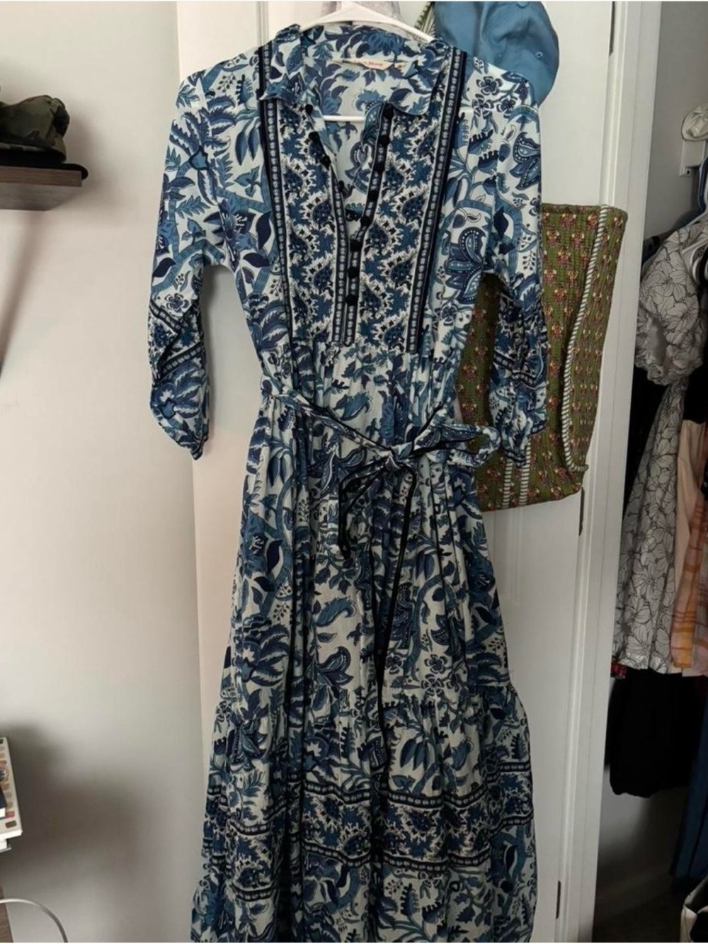 Jaipur Morni Blue & White Block Print Tie Waist Midi Dress Size M